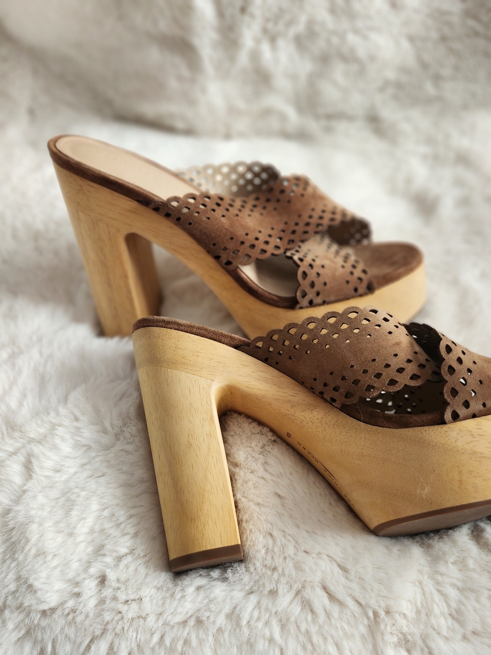 Veronica Beard Brown Suede Laser-Cut Platform Mules